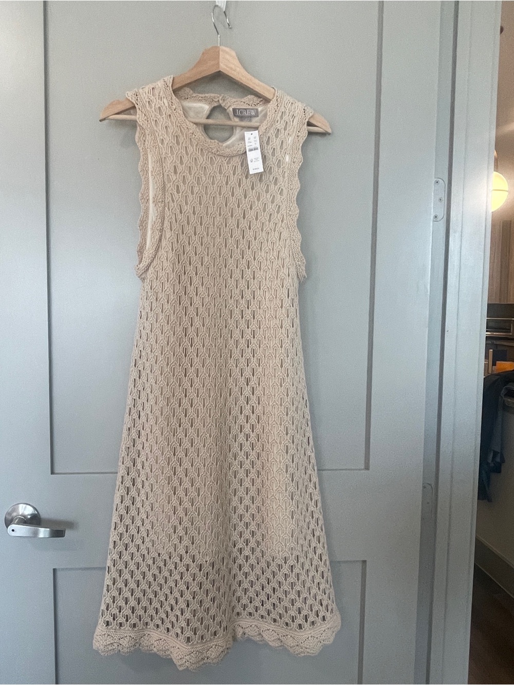 NWT J.Crew Crochet Sweater Dress Women's Size L Tan Sleeveless Midi Scalloped He